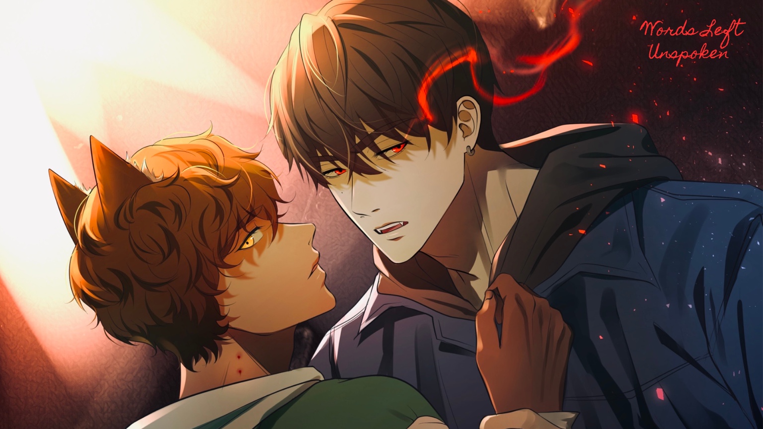 Words Left Unspoken desktop wallpaper featuring Kenta and James with dramatic red lighting